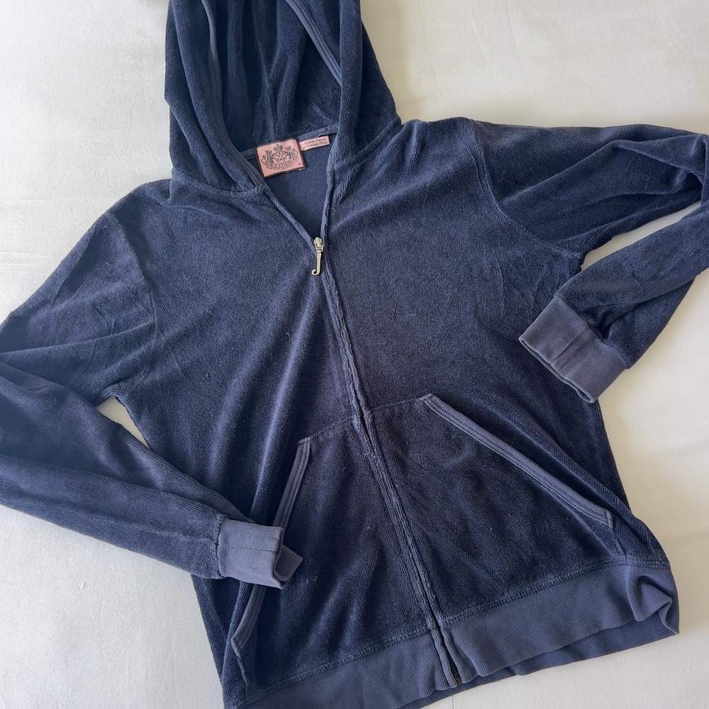 Juicy Couture Vintage Velour Zip Up Hoodie Navy Blue Size Medium